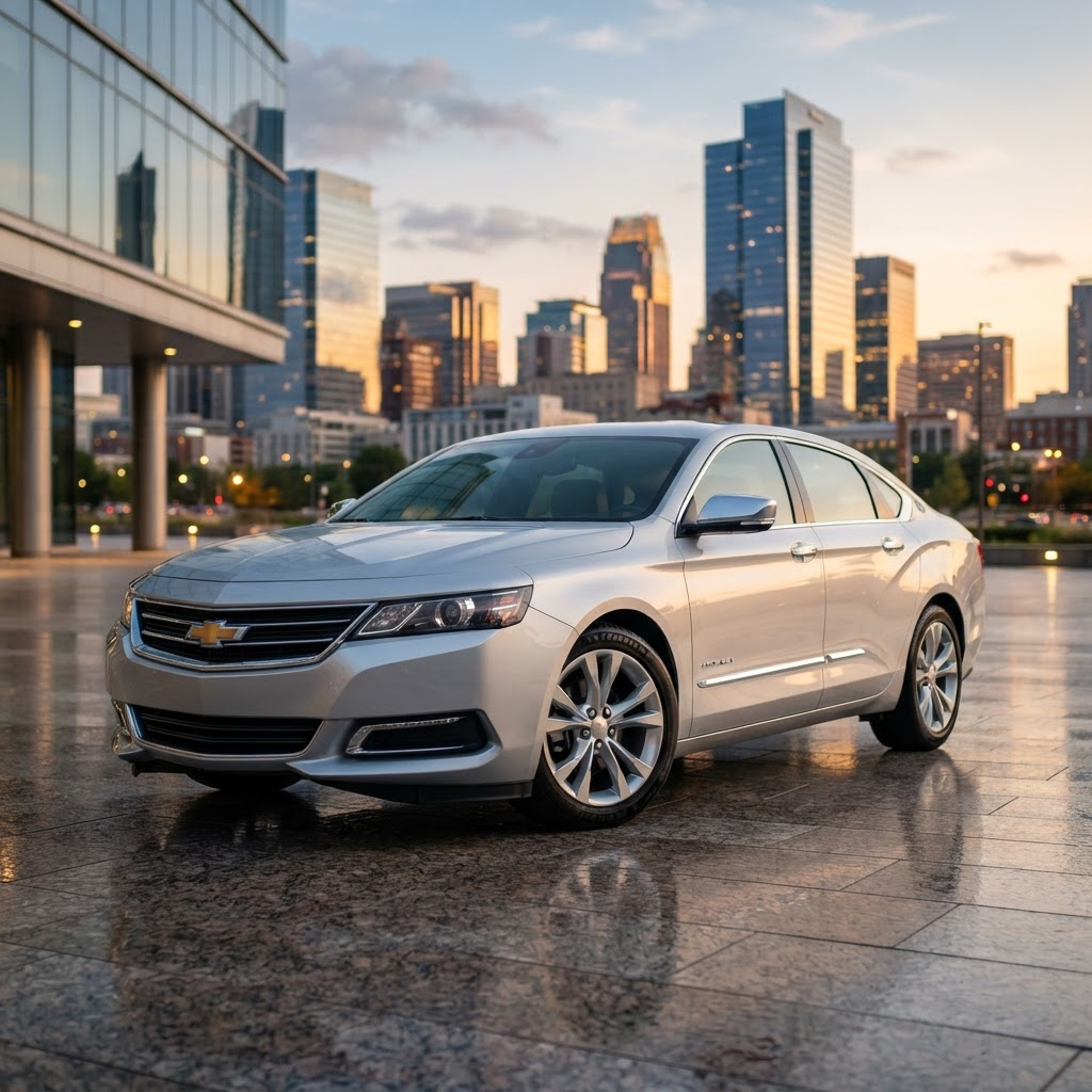Silver 2016 Chevrolet Impala sedan, front three-quarter view, freshly detailed